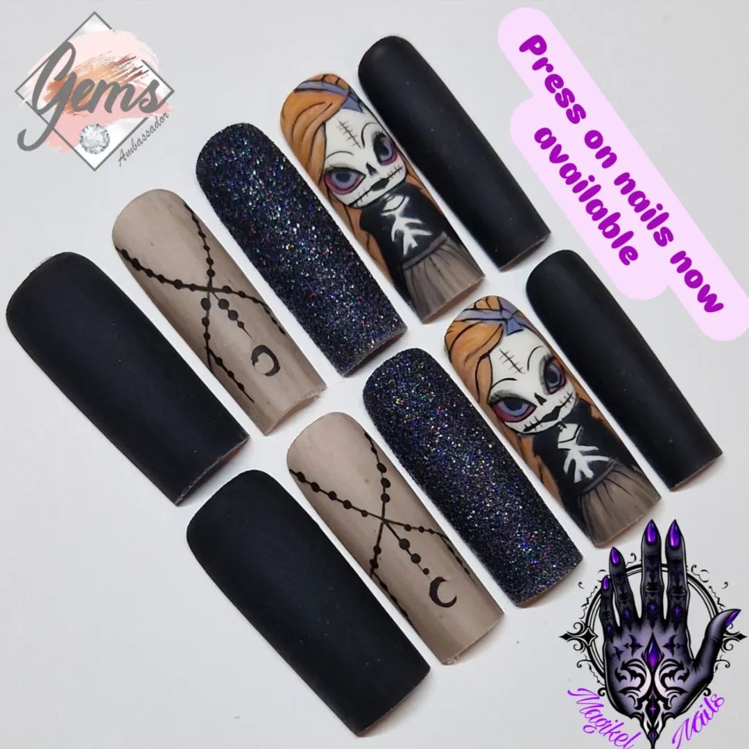 Gothic, stitched doll, skull skellington hauntingly beautiful press on nails