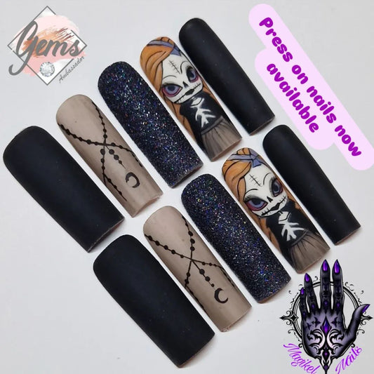 Gothic, stitched doll, skull skellington hauntingly beautiful press on nails