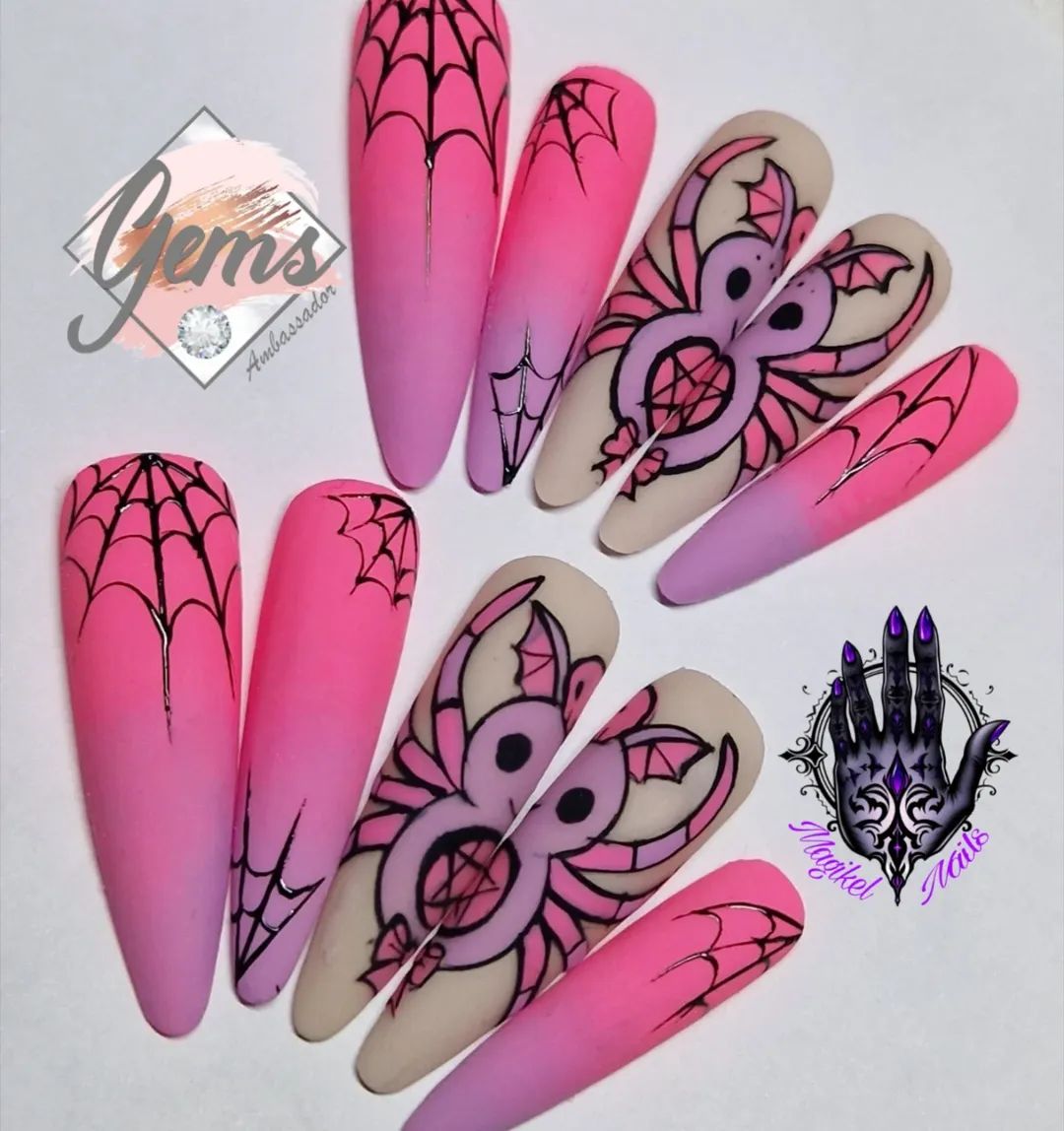 Pink and purple Halloween press on nails featuring cute spider