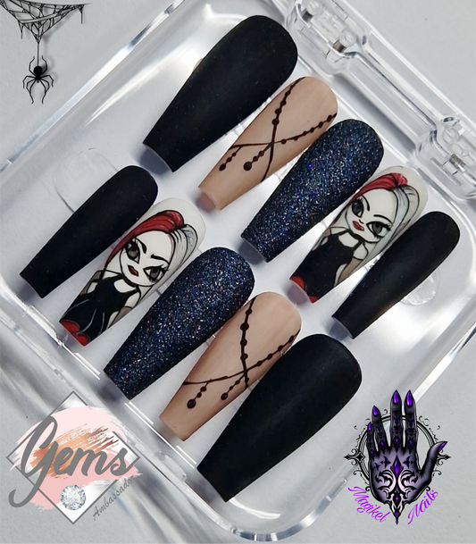 Featuring sugar glitter, sheer black and lace, handpainted goth chic press on nails for Halloween or all year round