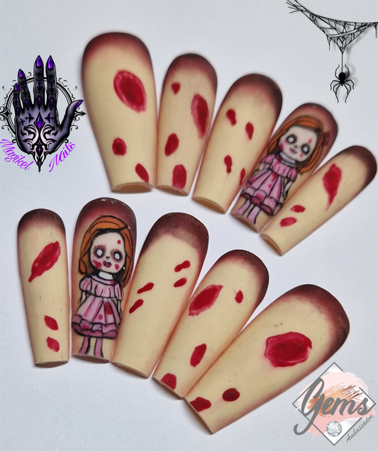 Spooky season ready 💀👻🩸 Creepy doll nails and blood splatter press on nails for Halloween or all year round